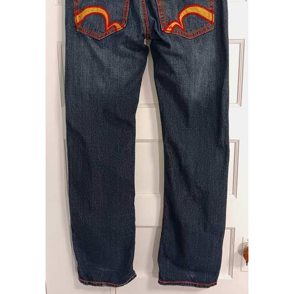 Vintage Y2K Bootcut Jeans 36 x 34 Skull Thick Stitch Embroidered Fading Whiskers - Picture 10 of 14